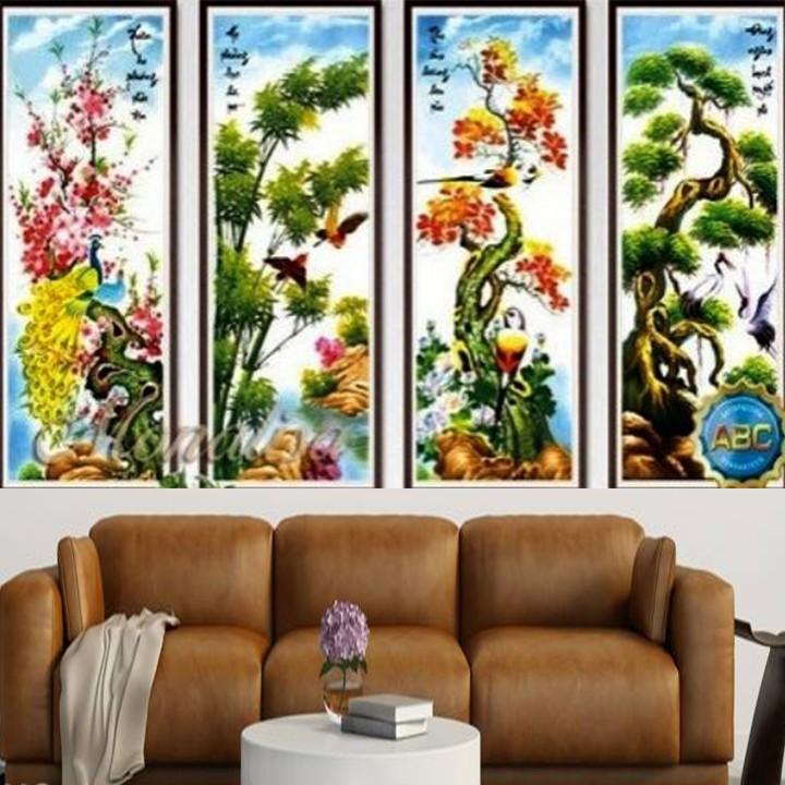 Tranh thêu tứ quý mai trúc cúc tùng LV3282 - kích thước: 121 * 75cm.