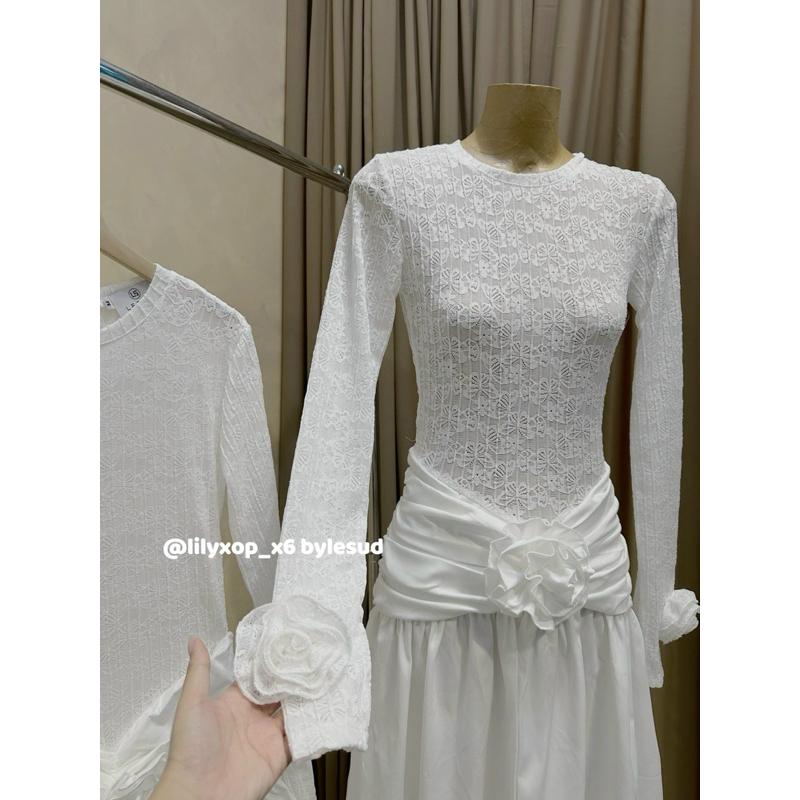 Váy maxi dài tay ren pha chân thô eo xếp hoa cuốn LLX BY JOLIE - Be