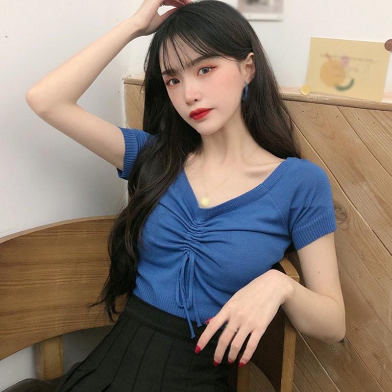 Áo Thun Dệt Kim Tay Ngắn Cổ Chữ V Thời Trang Cho Nữ
