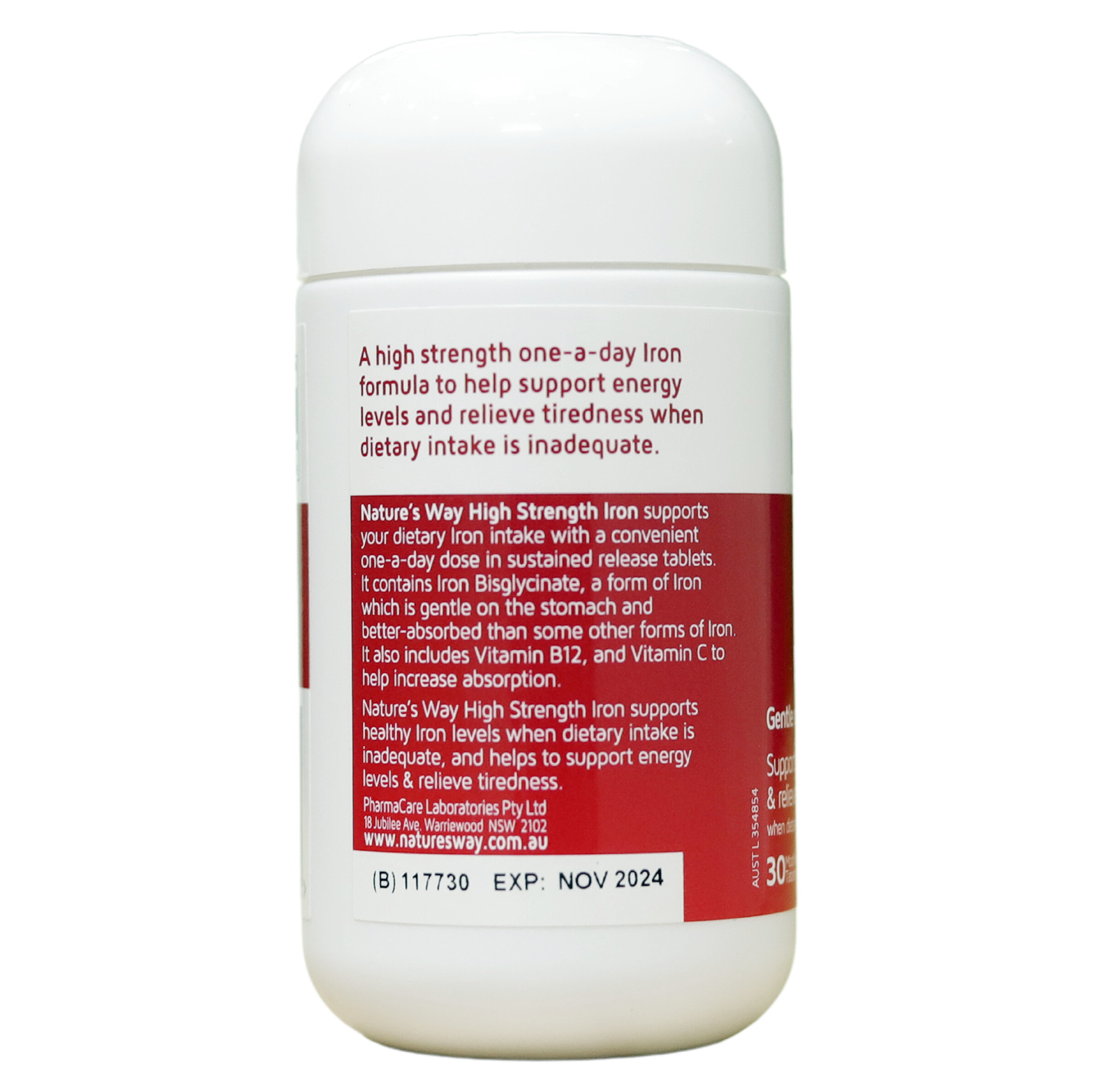 Viên uống Nature’s Way High Strength Iron + Vitamin C&B12 – Bổ sung sắt hữu cơ hàm lượng cao 24mg