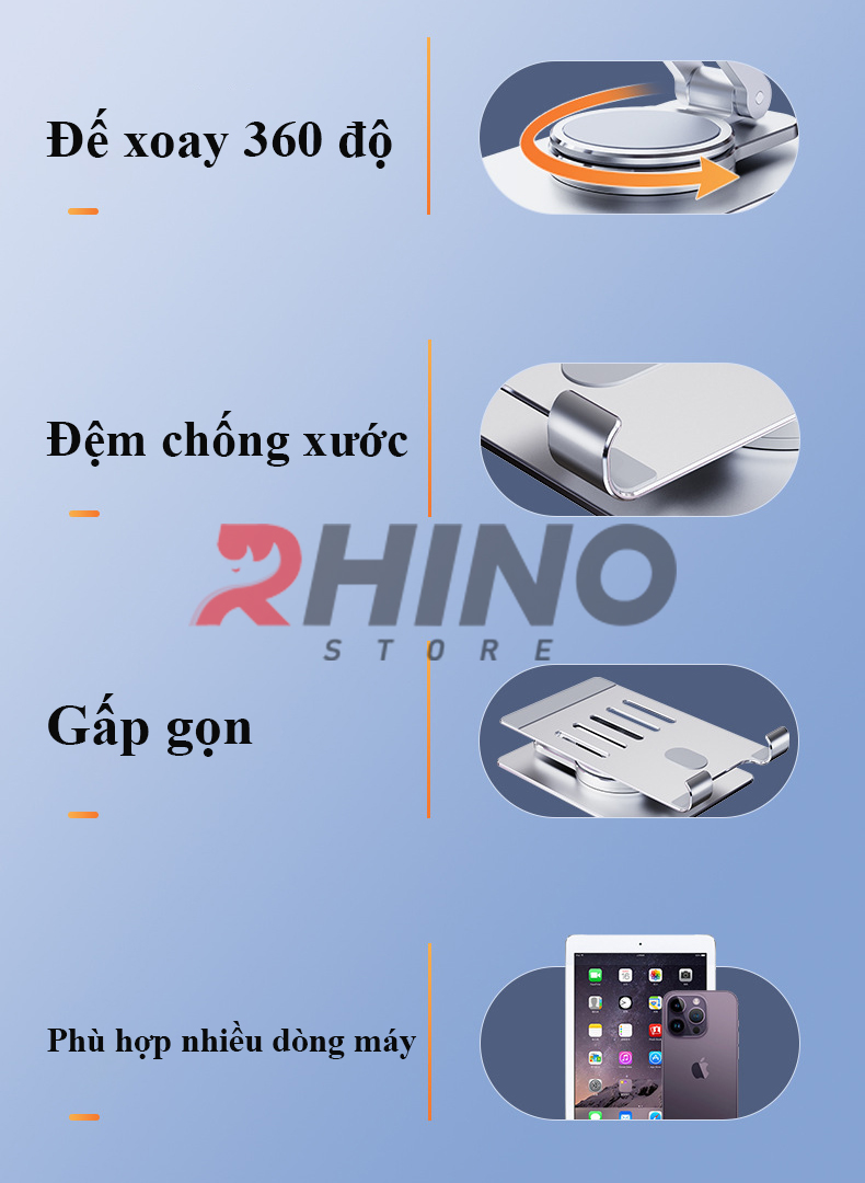 Kệ đỡ điện thoại, ipad 360° Rhino KP303, giá đỡ nhôm cao cấp để bàn tiện lợi có thể gấp gọn - Hàng chính hãng