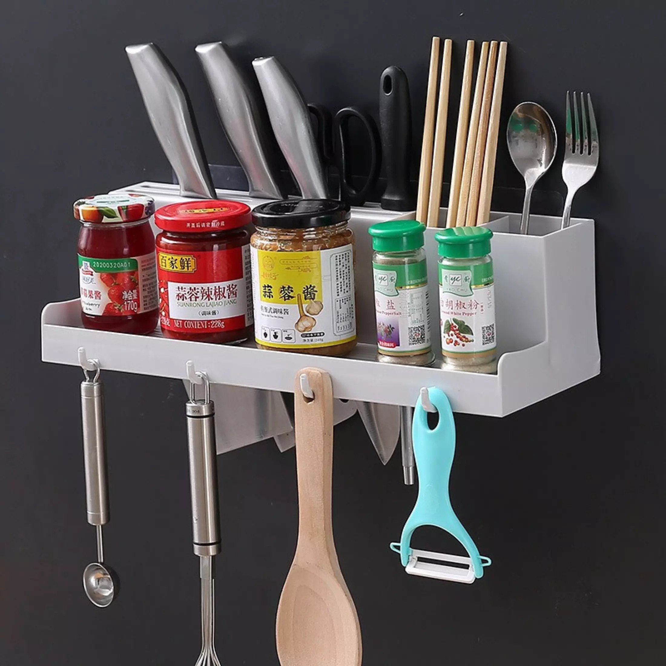 Kệ Đựng Gia Vị Dán Tường Nhà Bếp Có 4 Móc Hàng Loại 1 Nhựa ABS Dày Bền Đẹp - Chính Hãng