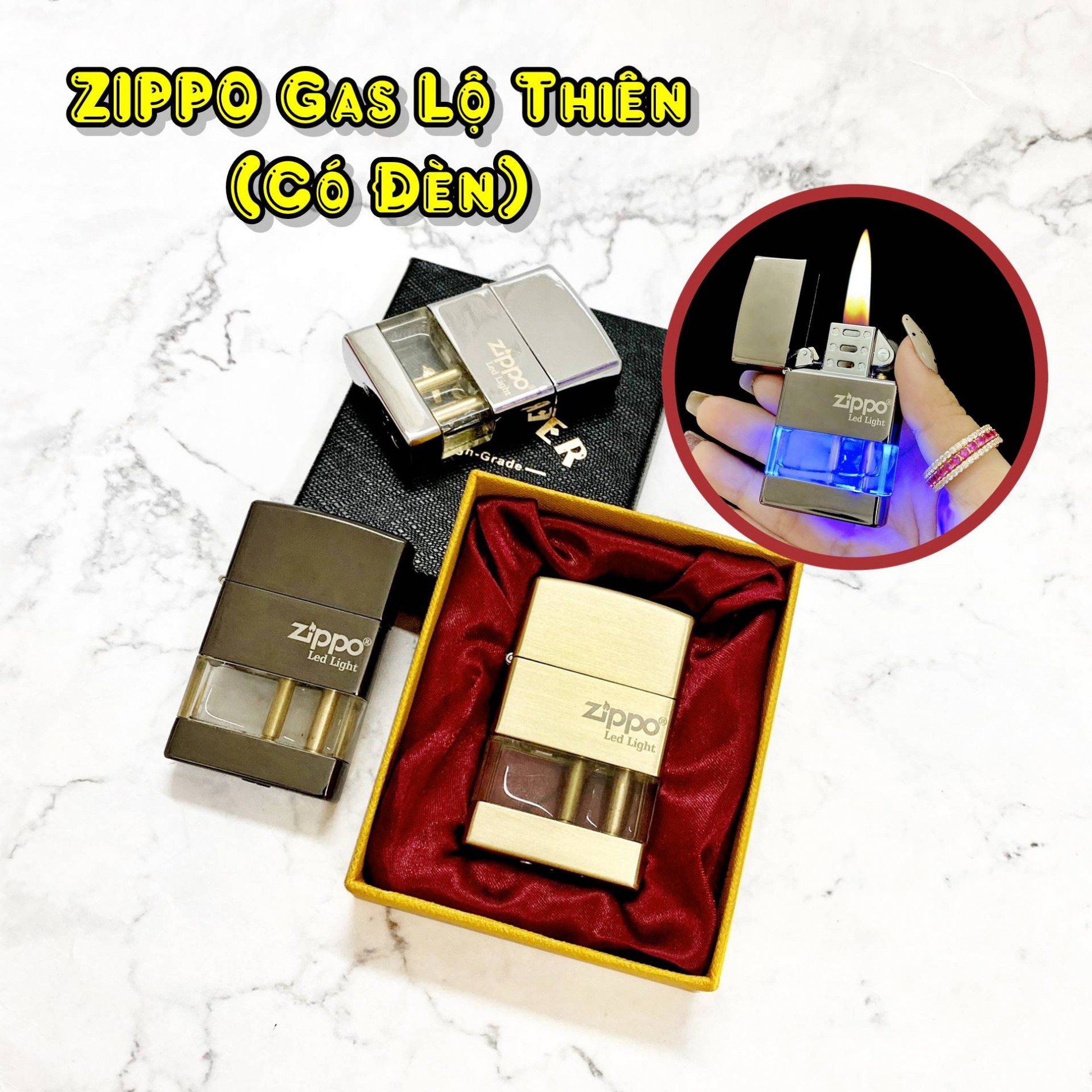 Hộp quẹt bật lửa zipo gas lộ thiên (có đèn) - (xài gas)