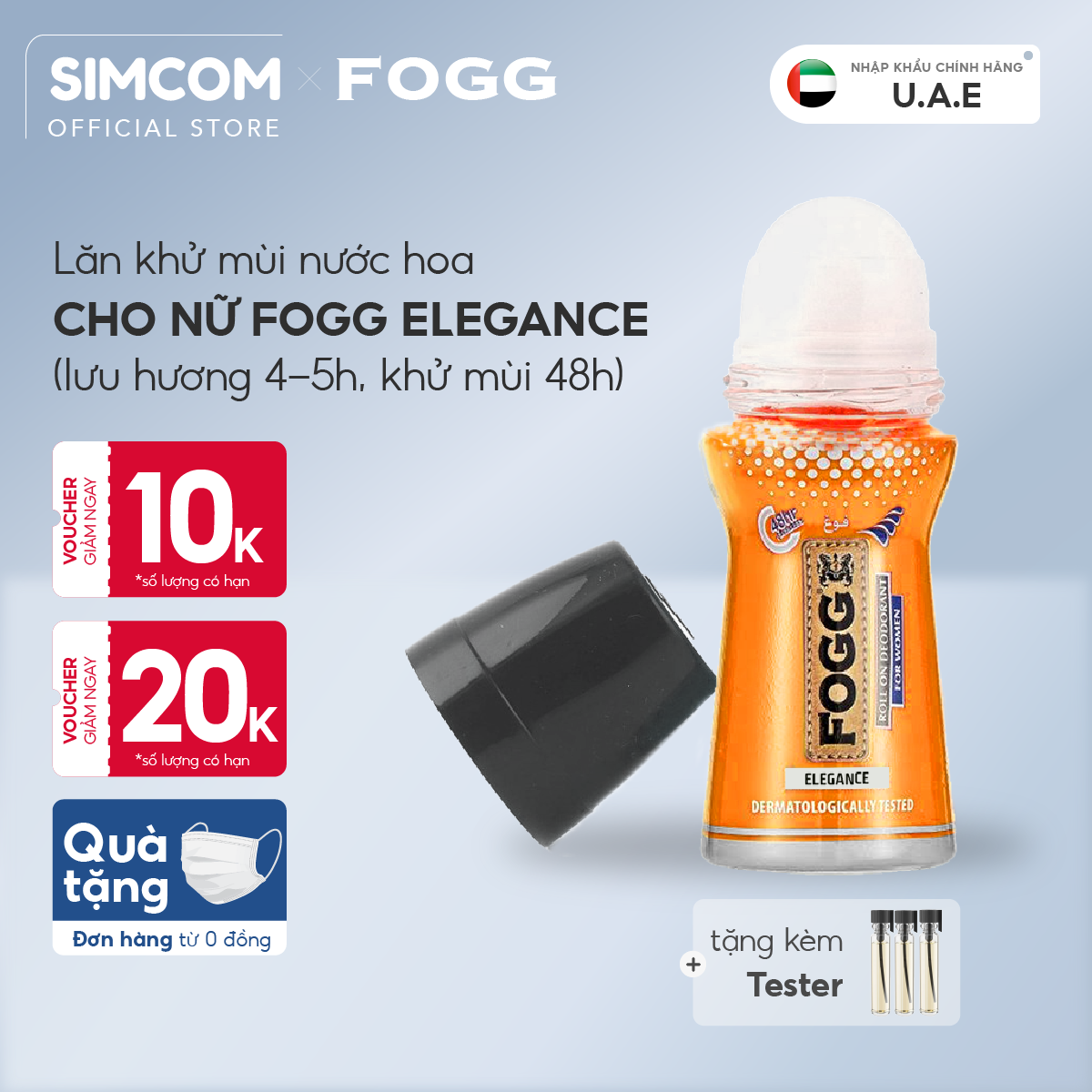 Lăn khử mùi hương nước hoa FOGG Elegance 50ml, chính hãng dubai, dành cho nữ, dùng để lăn nách, giảm thiểu mùi cơ thể, lưu hương lâu 4-5 tiếng, khử mùi 48h, không kích ứng da, không thâm nách, không ố áo, Simcom