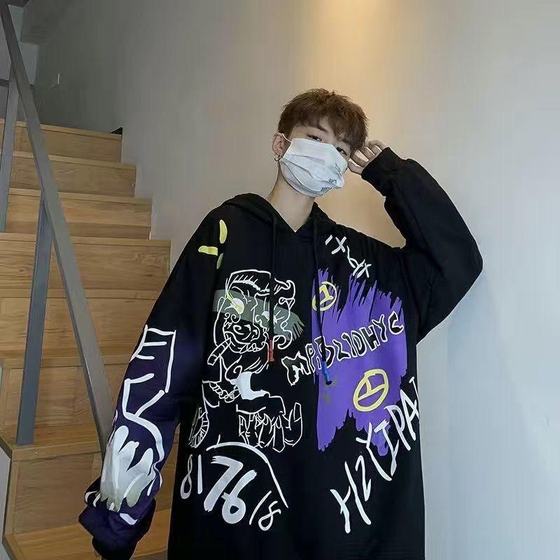Áo Hoodie Nam Nữ Tay Dài Mũ Nón Dáng Rộng In Hình Cá Tính Phong Cách Thu Đông