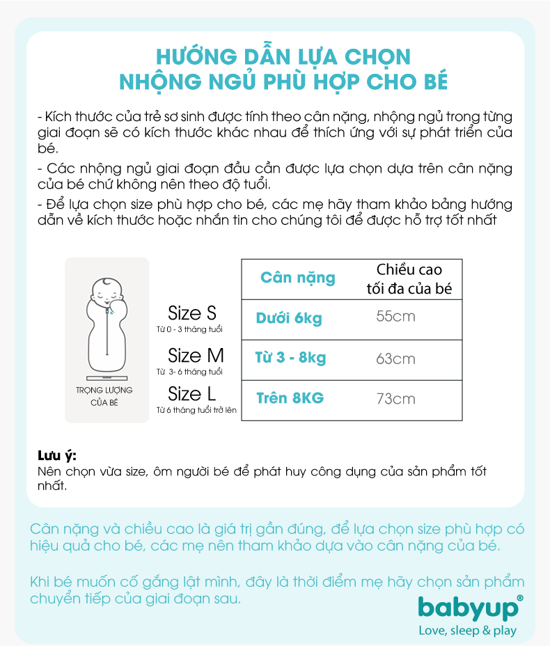 Nhộng chũn cho bé cao cấp Babyup. Nhộng ngủ cho trẻ sơ sinh Giúp bé ngủ ngon, sâu giấc, chống giật mình - Nhộng ngủ Vải cotton co giãn 4 chiều, mềm mại thoáng mát - Có khóa kéo 2 chiều