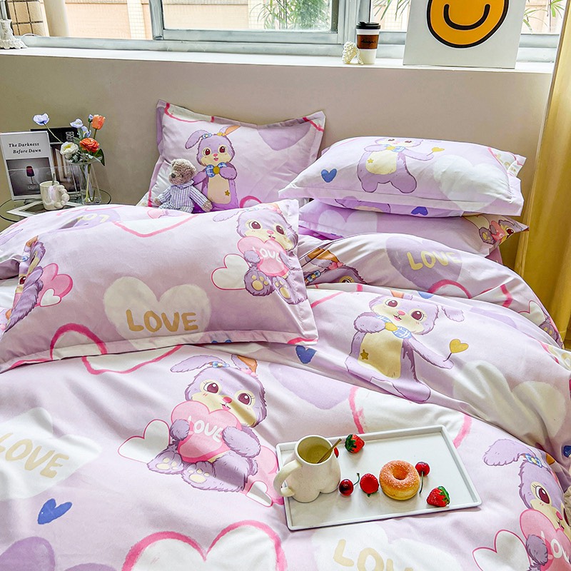 Bộ chăn ga gối poly new : thỏ tim tím 4 món Polycotton
