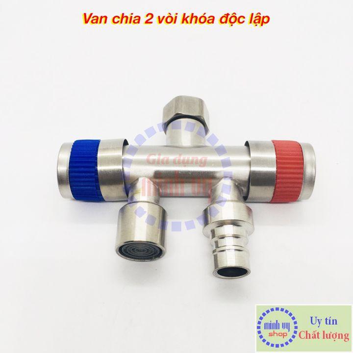 Van Nước 2 cổng xả có điều khiển (xanh-đỏ) riêng biệt dạng vòi chia nước - đầu ra 21mm Inox SUS304