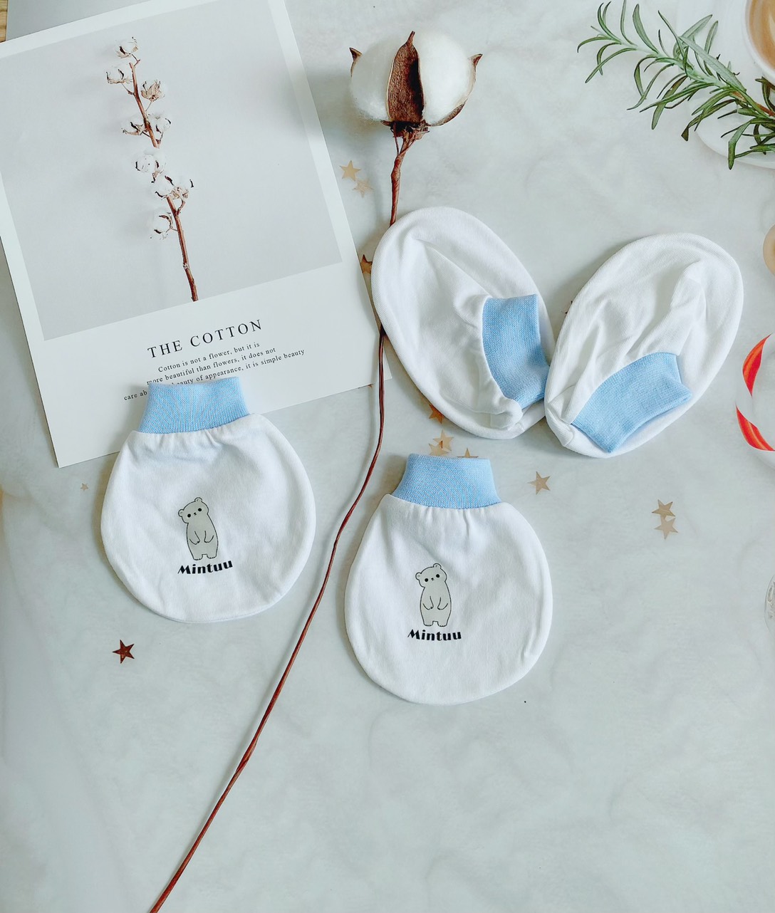 Bao tay bao  chân sơ sinh cổ bo thương hiệu MINTUU FIRST CHOICE, chất liệu vải 100% cotton 4 chiều