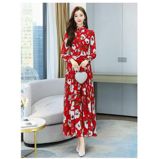 HÀNG NHẬP - ĐẦM MAXI VOAN ĐỎ HOA CỔ TRỤ TAY DÀI