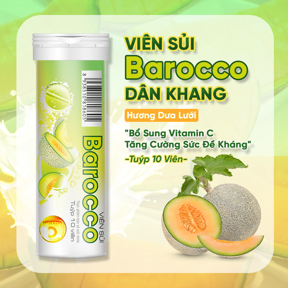 Viên Sủi Bổ Sung Vitamin C Hương Dưa Lưới Tăng Cường Sức Đề Kháng Barocco Dan Khang Hộp 10 Viên