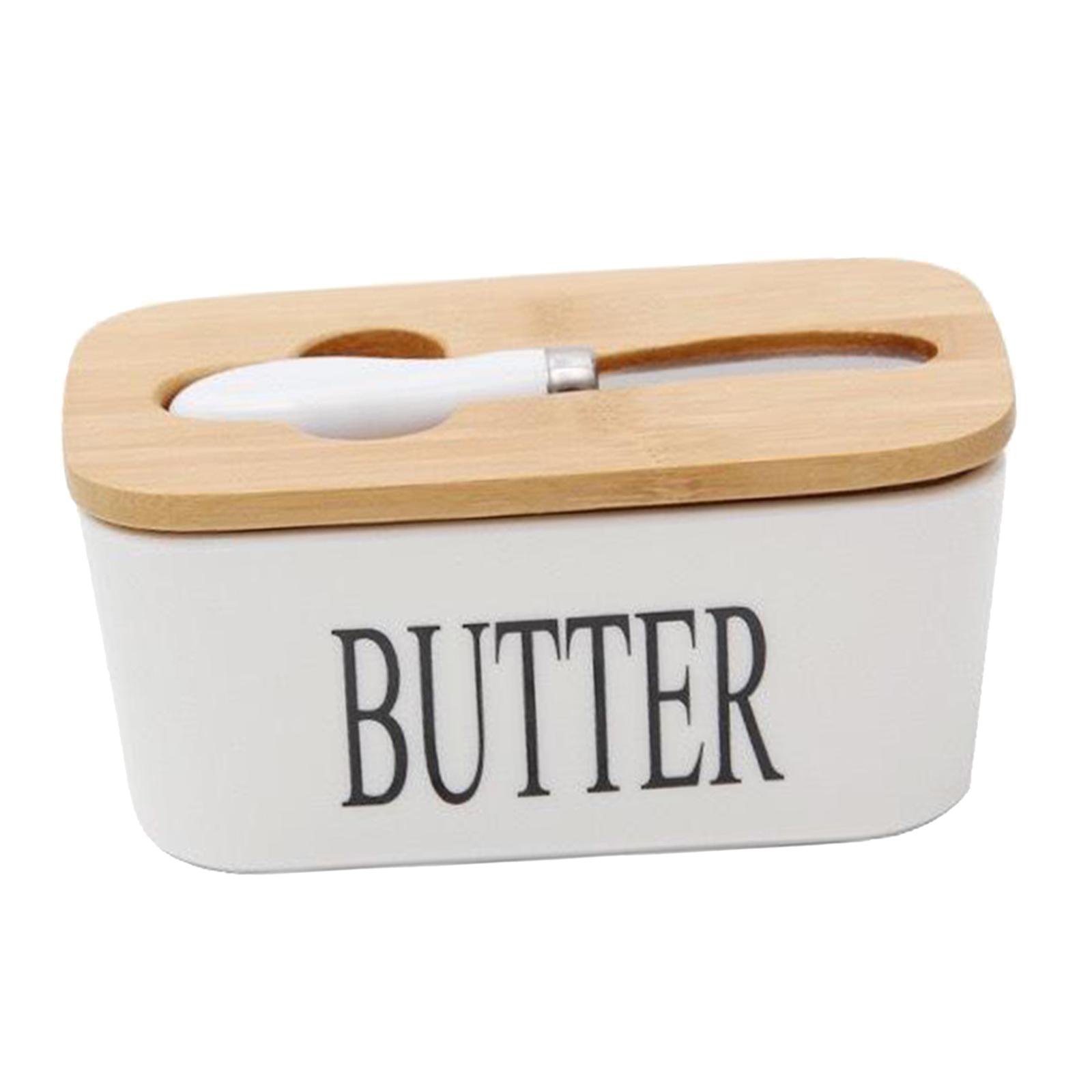Ceramic Butter Dish Keeper with Wooden Lid and Steel Knife