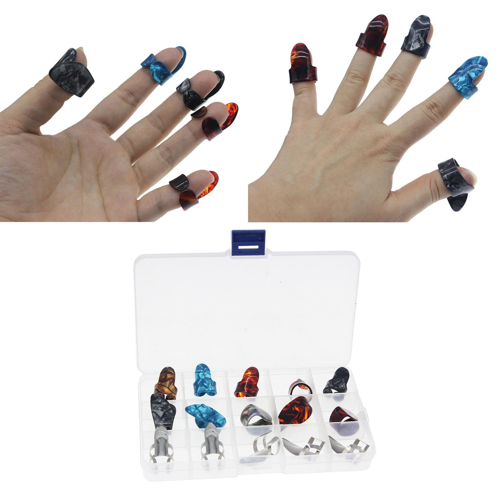 Pack of 15 Guitar Thumb Finger Picks, Colorful Nail Plectrum, for Guitar Bass Banjo Plastic and Stainless Steel 15 Grid Box