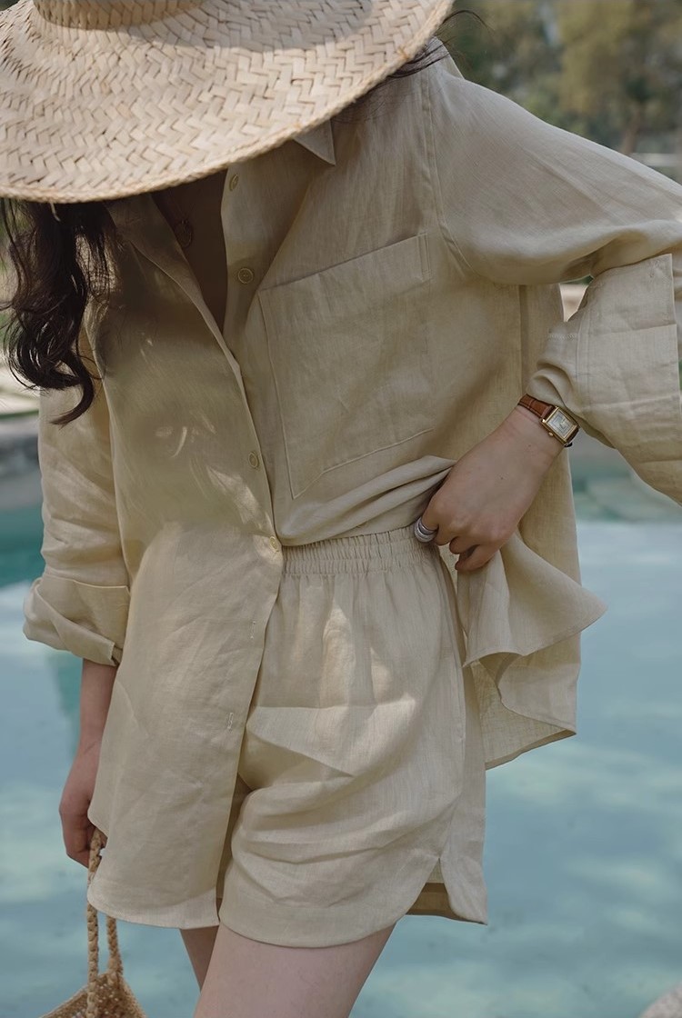 Bộ sơ mi nữ màu be nhẹ nhàng phong cách vintage Hàn Quốc, chất linen mềm mát Đũi Việt DV05