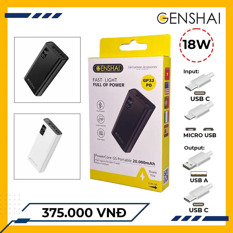 Pin sạc dự phòng sạc nhanh Genshai GP33PD 20.000mAh đèn Lad - Hàng chính hãng