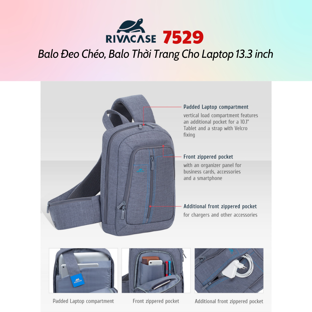 Balo Rivacase 7529  Đeo Chéo, Balo Thời Trang Cho Laptop 13.3 inch - Bảo Hành 24 Tháng - Hàng Chính Hãng