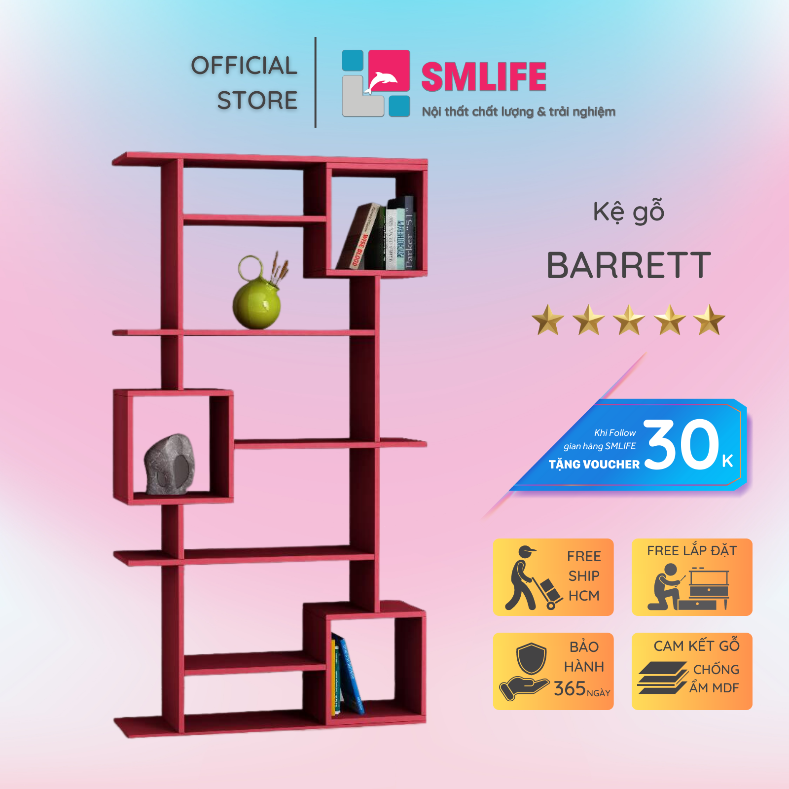 Kệ sách gỗ hiện đại SMLIFE Barrett  | Gỗ MDF dày 17mm chống ẩm | D90xR28xC170cm - Màu