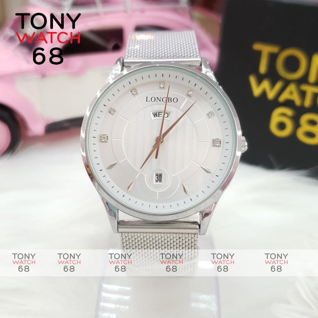 Đồng hồ nam LongBo dây lụa màu bạc có lịch chống nước chính hãng Tony Watch 68