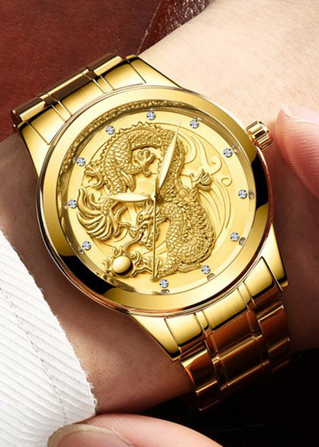 Đồng hồ thời trang nam đồng hồ nam rồng vàng chạm nổi 3D