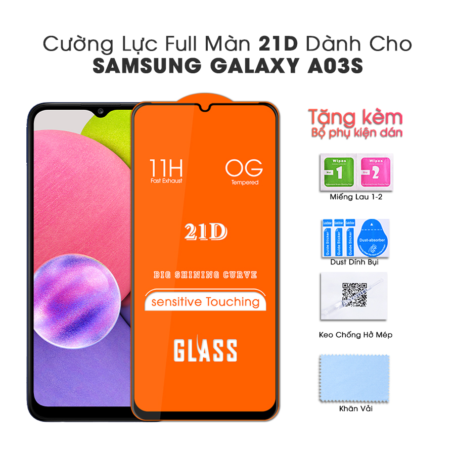 Kính Cường Lực 21D cho Samsung Galaxy A03s Full Keo Màn Hình SIÊU BỀN, SIÊU CỨNG, ÔM SÁT MÁY- HANDTOWN- HÀNG CHÍNH HÃNG