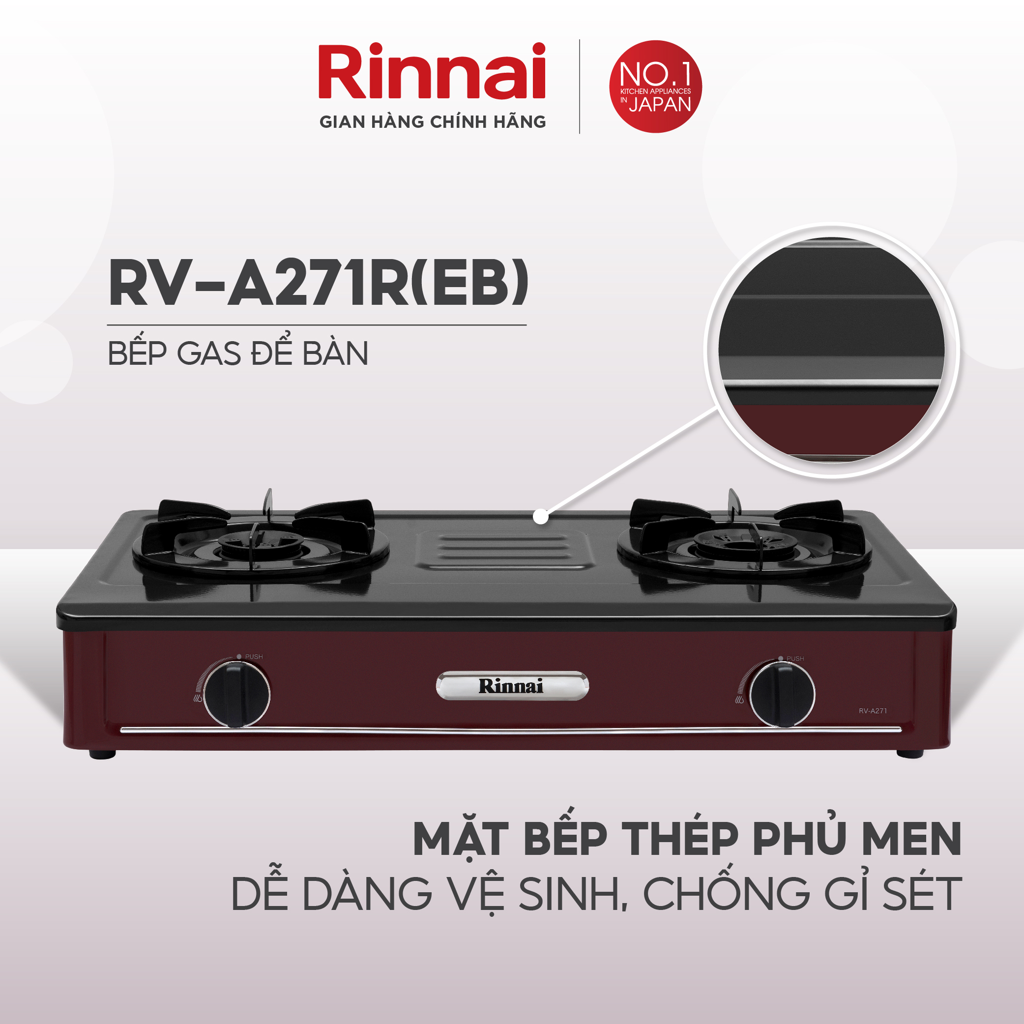 Bếp gas dương Rinnai RV-A271R(EB) mặt bếp men và kiềng bếp men - Hàng chính hãng.