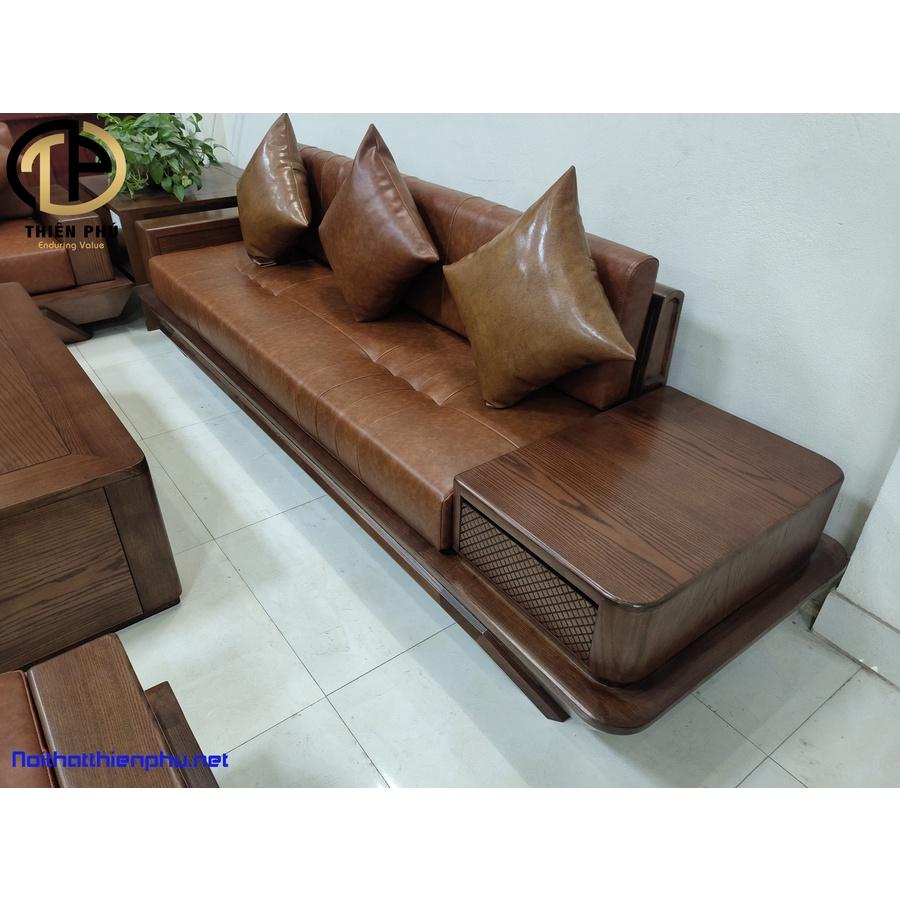 Mẫu mới 2022 - Sofa Gỗ Sồi Chân Thuyền TP-141-2 Hot, Gỗ Sồi Nga Màu Óc Chó, Đệm mút K43, Da Microfiber Giá Tại Xưởng