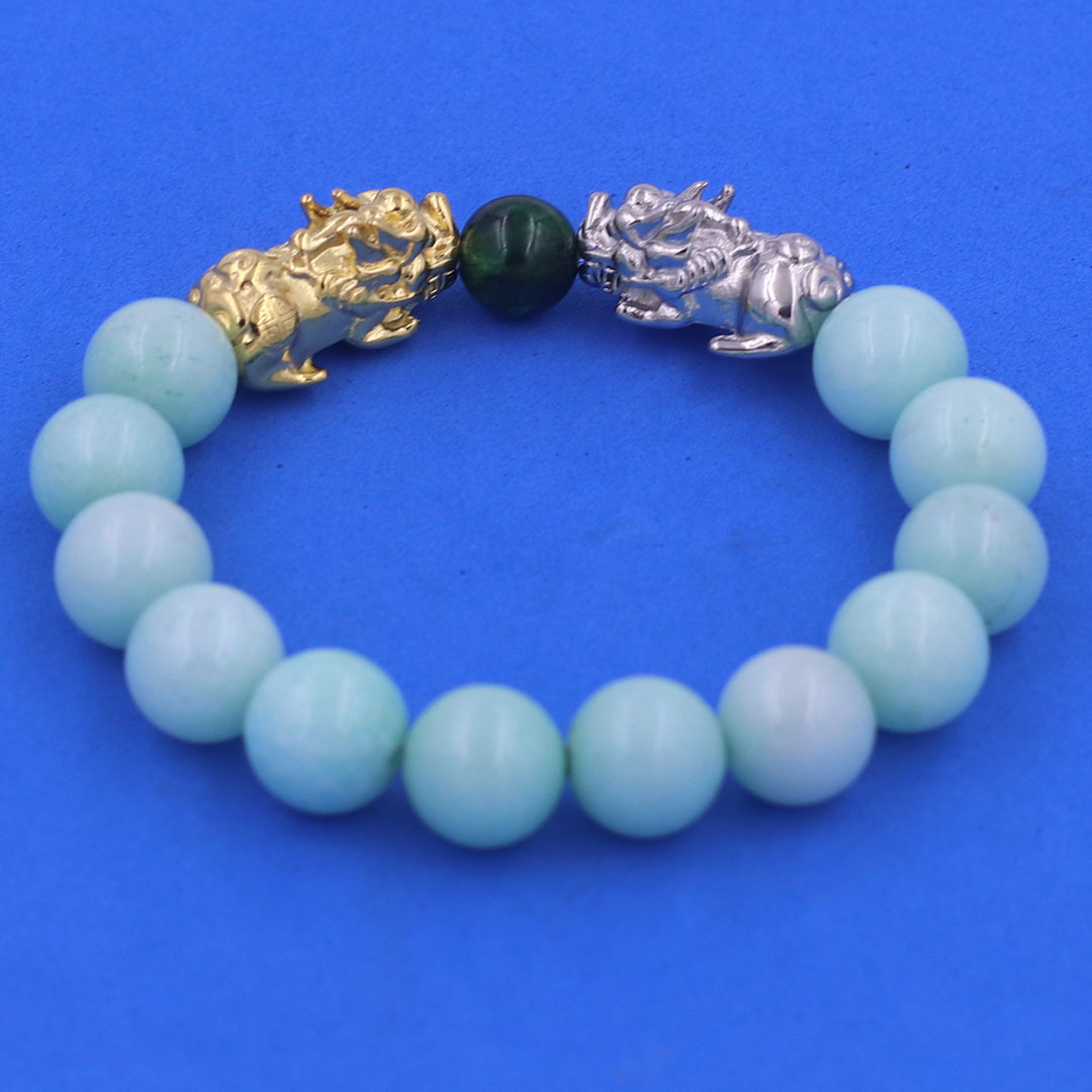 Vòng chuỗi đeo tay đá ngọc bích xanh 12 ly charm tỳ hưu đôi inox trắng và vàng, vòng chuỗi phong thủy, charm tỳ hưu, vòng tay hạt chuỗi