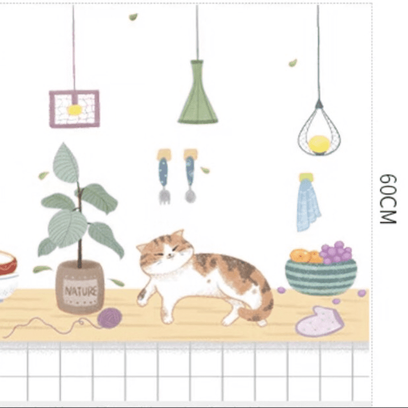 Decal dán bếp tráng nhôm mèo và không gian bếp khổ 60cm