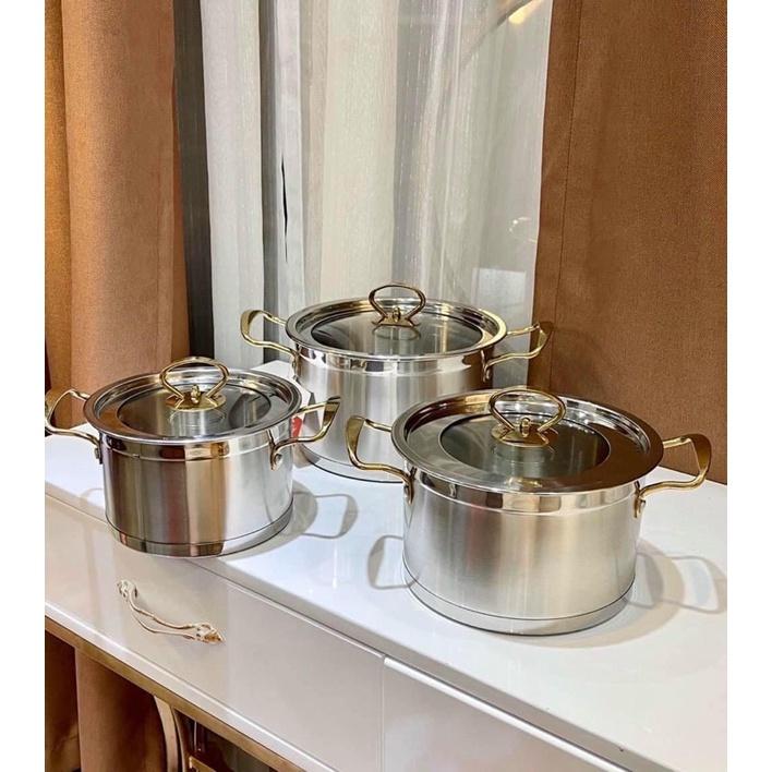 Bộ 3 nồi inox 430 MISU LOUIS cao cấp 5 đáy nắp thuỷ tinh tay cầm cách nhiệt