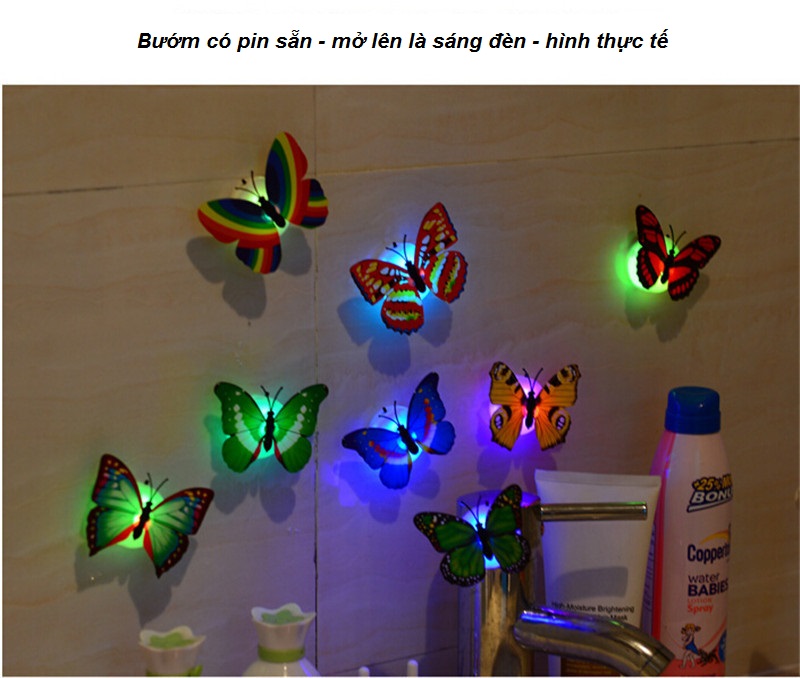 Bộ 05 bướm 3D có đèn phát sáng dán trang trí tường nhiều màu sắc - Màu ngẫu nhiên