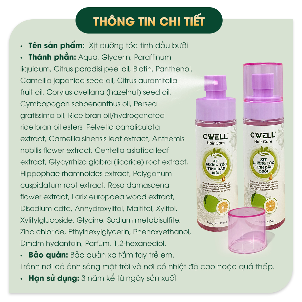 Xịt dưỡng tóc tinh dầu bưởi CWELL 110ML, xịt bưởi mọc tóc giảm gãy rụng, kích mọc tóc, dưỡng tóc dài nhanh