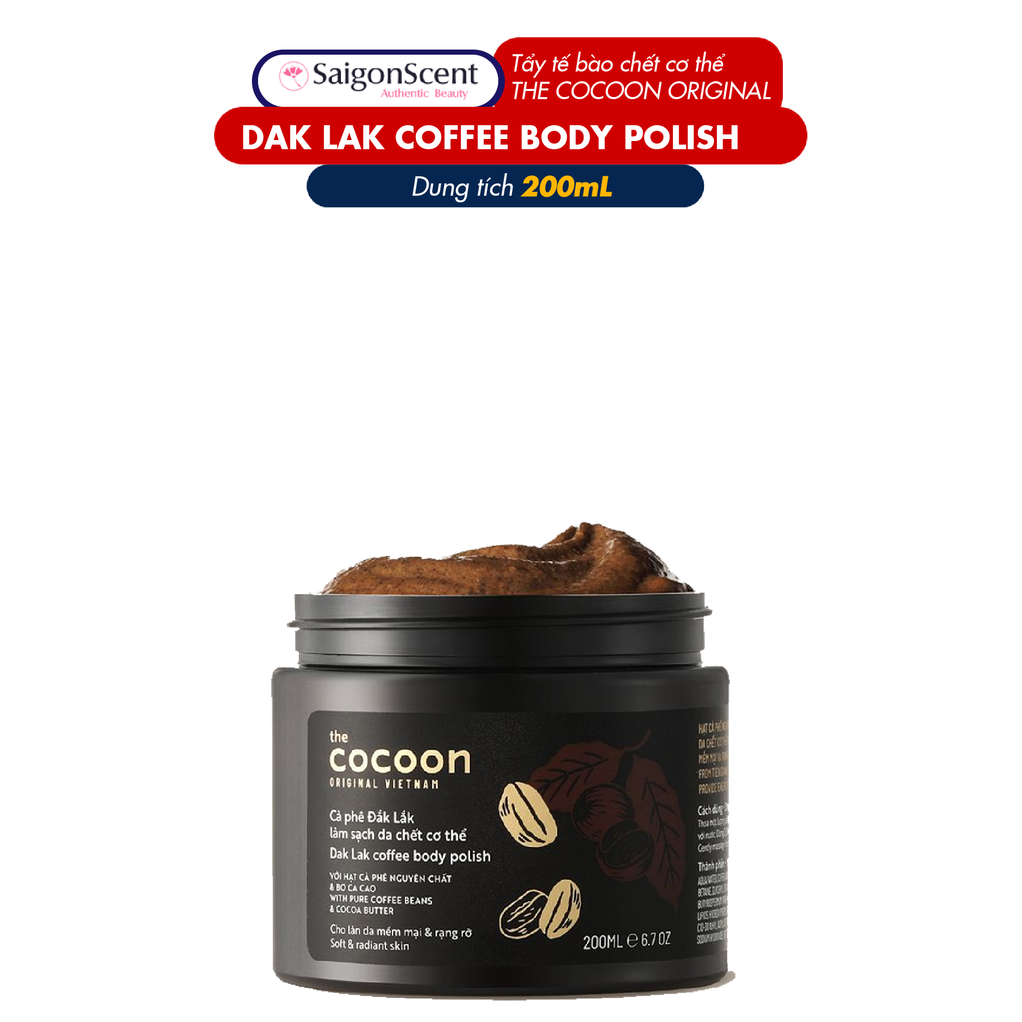 Tẩy tế bào chết cafe Dak Lak The Cocoon Original Coffee Dak Lak Body Polish 200mL