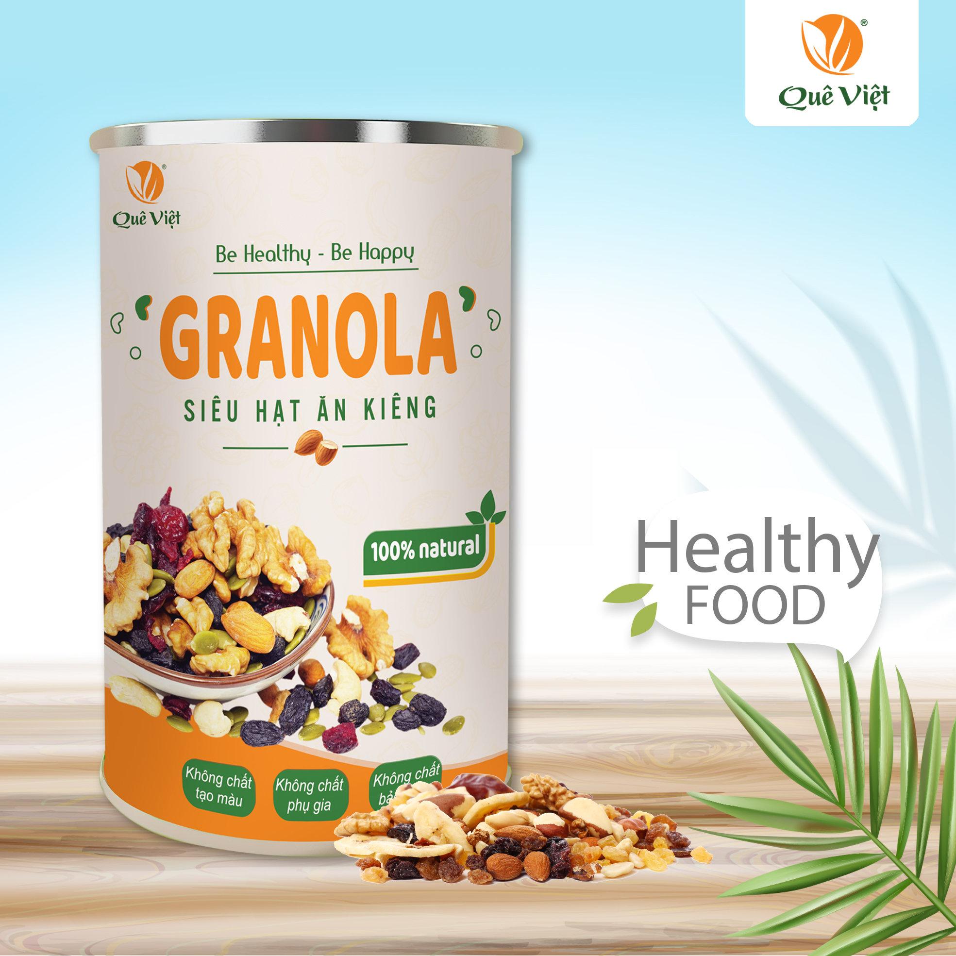 Granola siêu hạt ngũ cốc ăn kiêng Quê Việt, nguyên liệu hữu cơ - combo 5 hộp x 500g/hộp + Tặng 1 hộp trà gạo lứt Quê Việt 600gr (20 túi * 30gr)