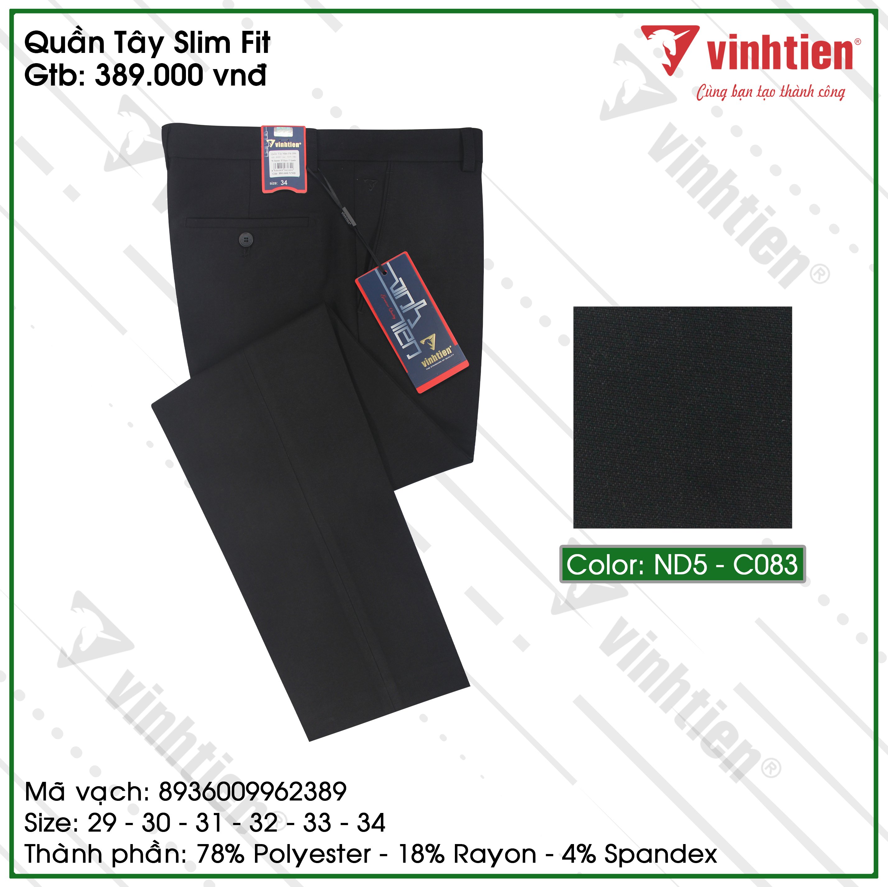 Quần tây nam trơn màu Slimfit Vĩnh Tiến 389 - vải giãn nhẹ