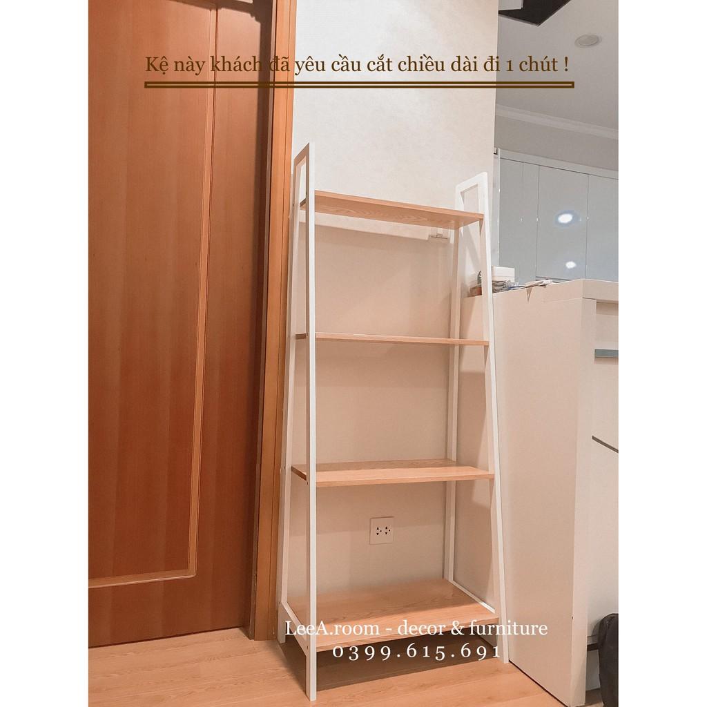 Kệ Gỗ Decor Cao Cấp Hình Thang 4 Tầng - Size L - Màu Gỗ Tự Nhiên Phối Chân Trắng