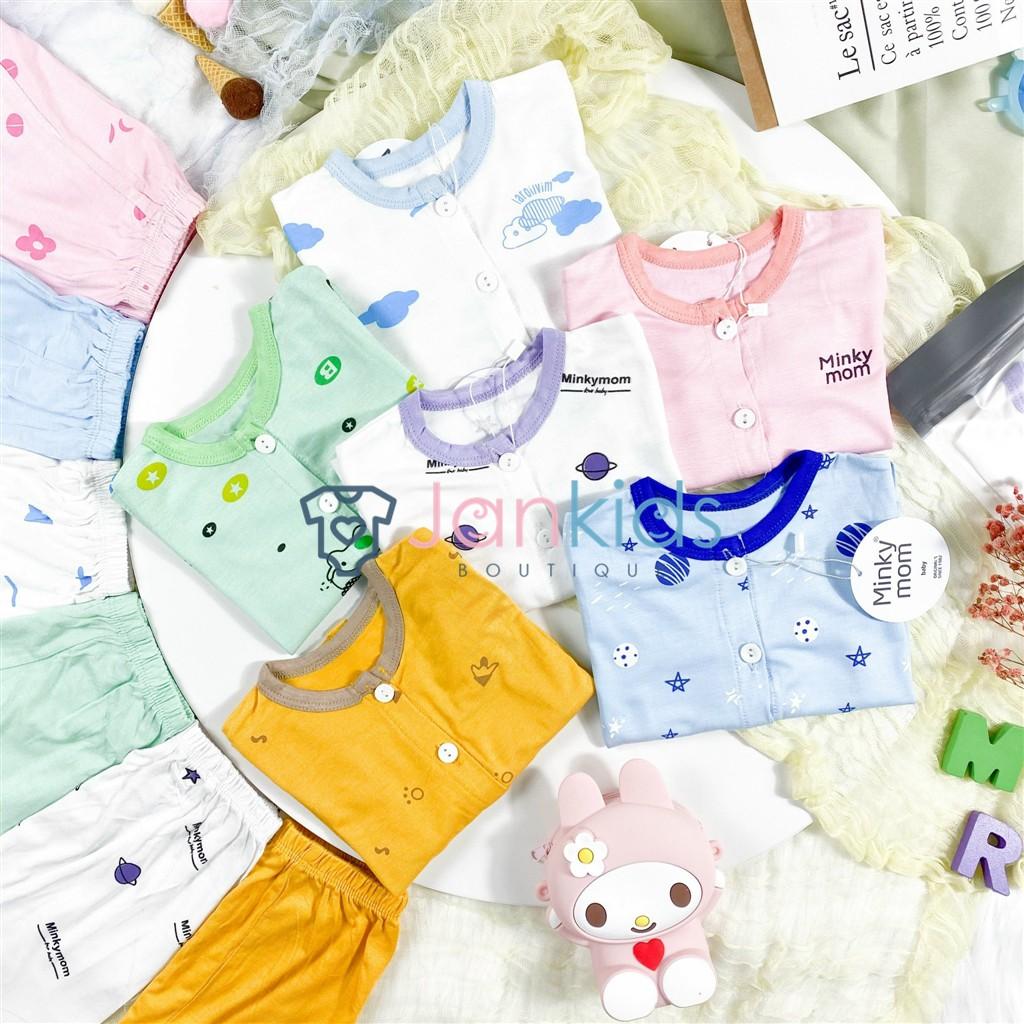 Bộ sơ sinh dài tay cúc giữa chất thun lạnh MINKY MOM quần đáp đũng, in hình dê thương cho bé