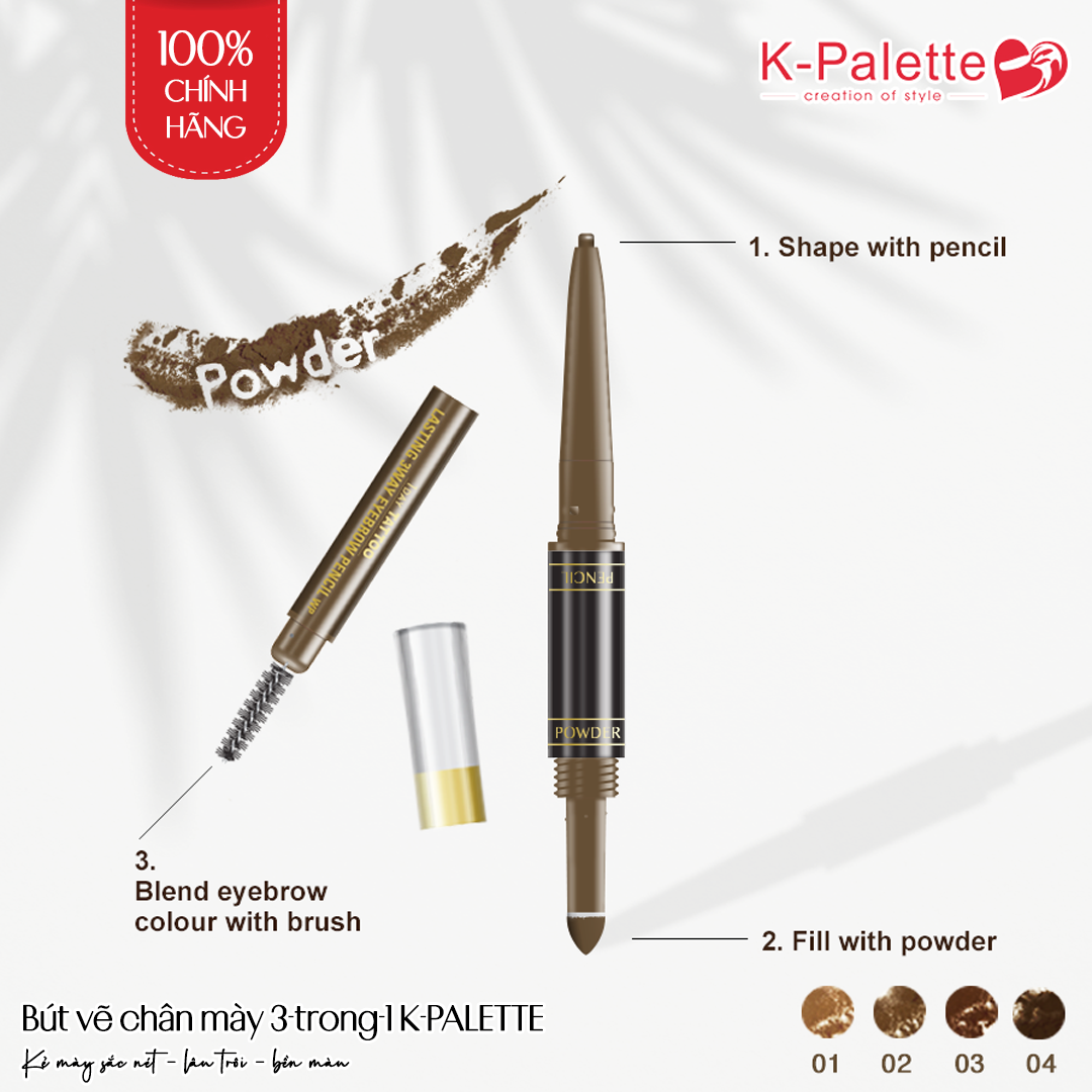 Bút Vẽ Lông Mày 3 Đầu Nhật Bản, Đầu Chì, Đầu Bột, Cọ Chải, K-Palette Eyebrow Pencil Chống Lem, Lâu Trôi 24h, Bền Màu (01 Màu nâu sáng)