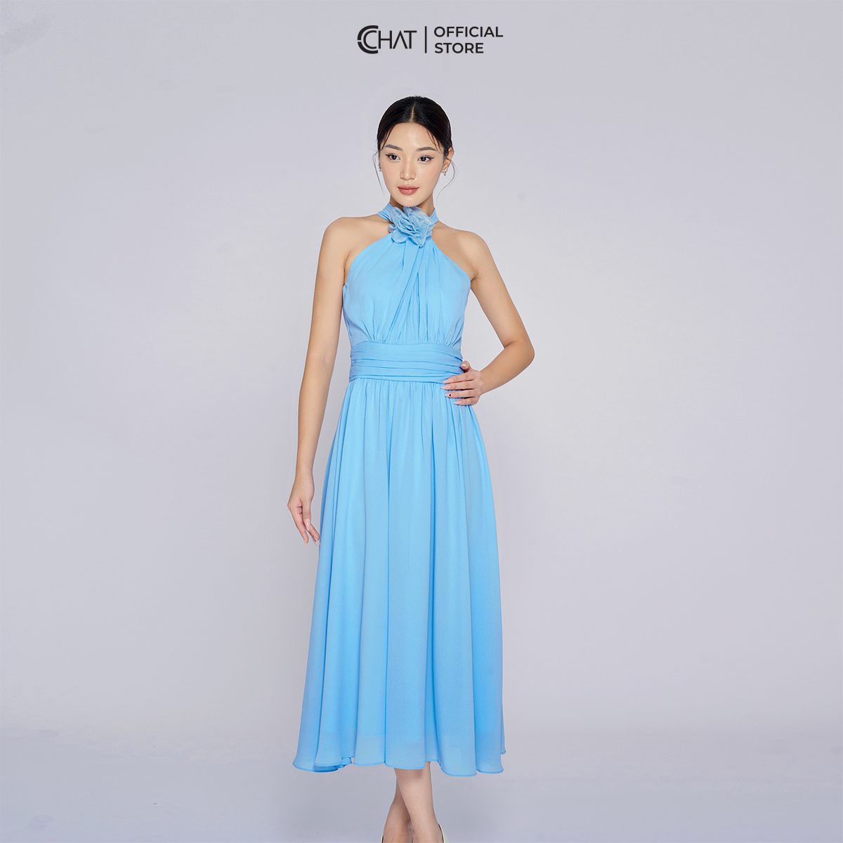 Đầm Nữ Kiểu Cổ Yếm Rúm Xòe Ôm Eo Chất Voan Cao Cấp Mềm Mịn 53VSV2004XT