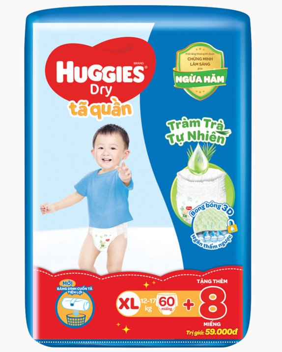 Tặng 8 miếng - Tã Quần Huggies Dry  XL60 ( từ 12-17kg) mẫu mới hương tràm trà - HSD Luôn Mới