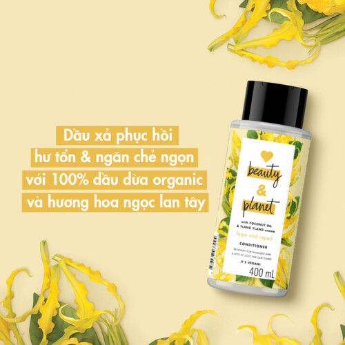 Dầu gội LOVE BEAUTY &amp; PLANET Phục hồi hư tổn Ngăn chẻ ngọn 100% dầu dừa organic và hương hoa ngọc lan tây 400ml