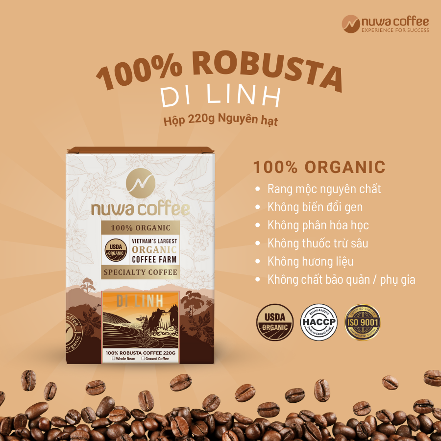 Cà phê Hữu Cơ Nuwa Coffee đạt chuẩn USDA 100% Robusta nguyên hạt rang vừa, hộp 220g, đắng nhẹ, ít chua, hương vị trái cây nhiệt đới