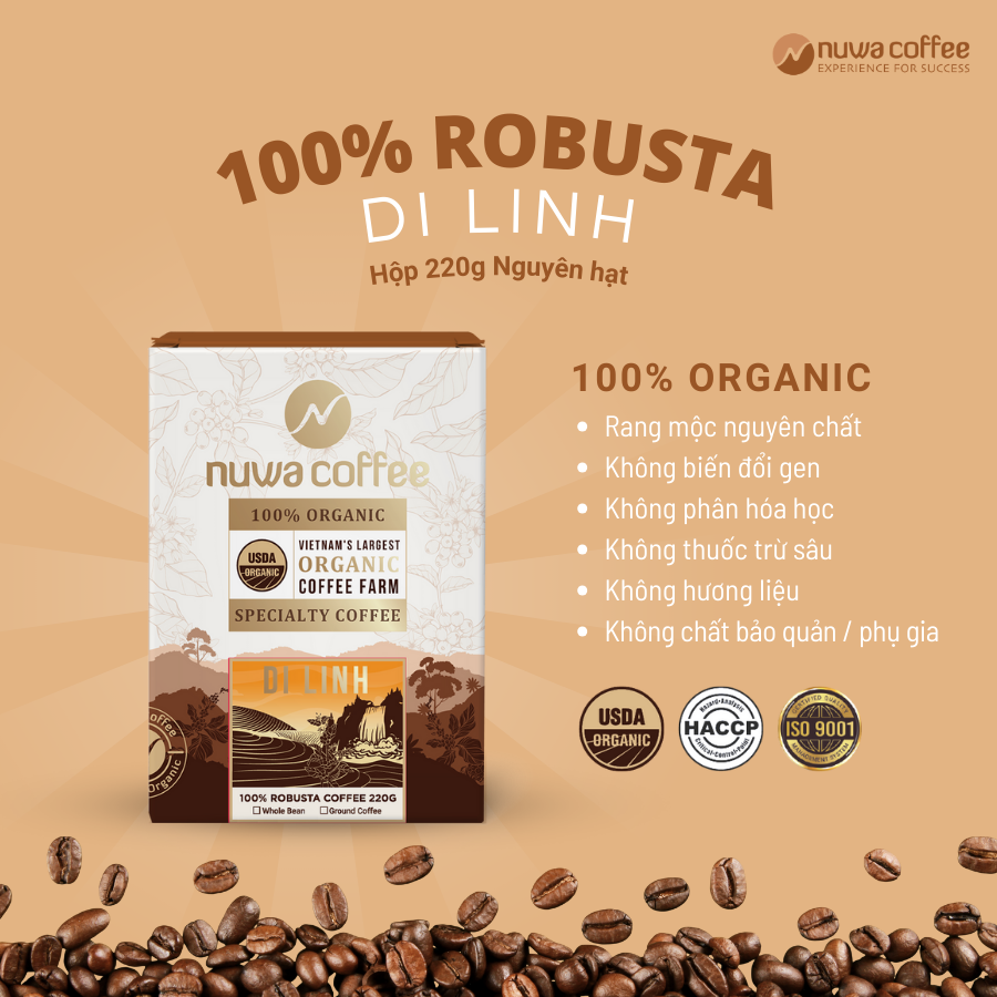 Cà phê Hạt rang( Hạt), Robusta Hữu Cơ 100% nguyên chất Di Linh,  hộp 220g, đắng nhẹ, ít chua