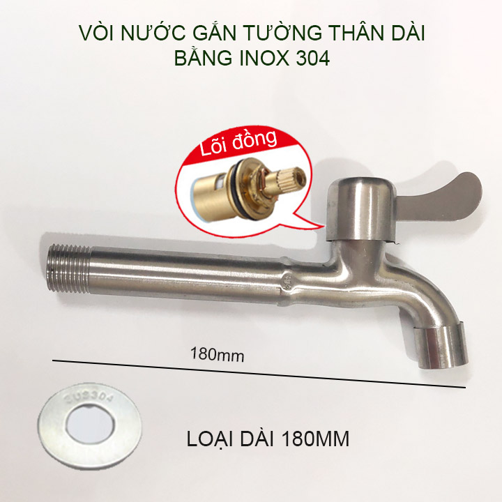 Vòi nước lạnh gắn tường bằng inox 304 thân dài 135mm-180mm tùy chọn