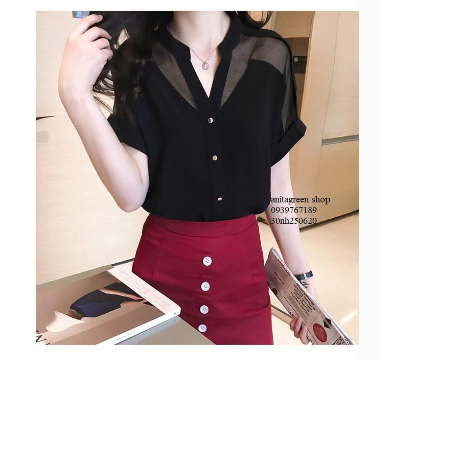 Nh250620-SƠ MI NỮ PHỐI LƯỚI TAY NGẮN