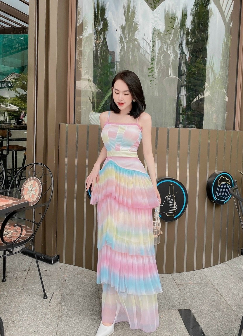 Váy Đầm Maxi 2 Dây 7 Màu Cầu Vồng Bèo Lưới Tầng