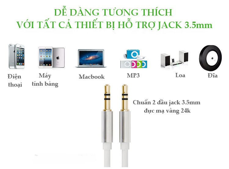 1m Dây Audio 3.5mm tròn mạ vàng 24K, TPE cao cấp - Hàng chính hãng