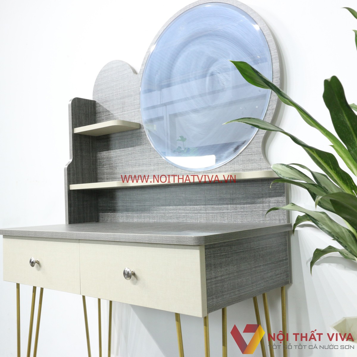 Bàn Trang Điểm Gỗ MDF Melamine Màu Vải Chân Sắt 2 Ngăn Kéo Gương Tròn