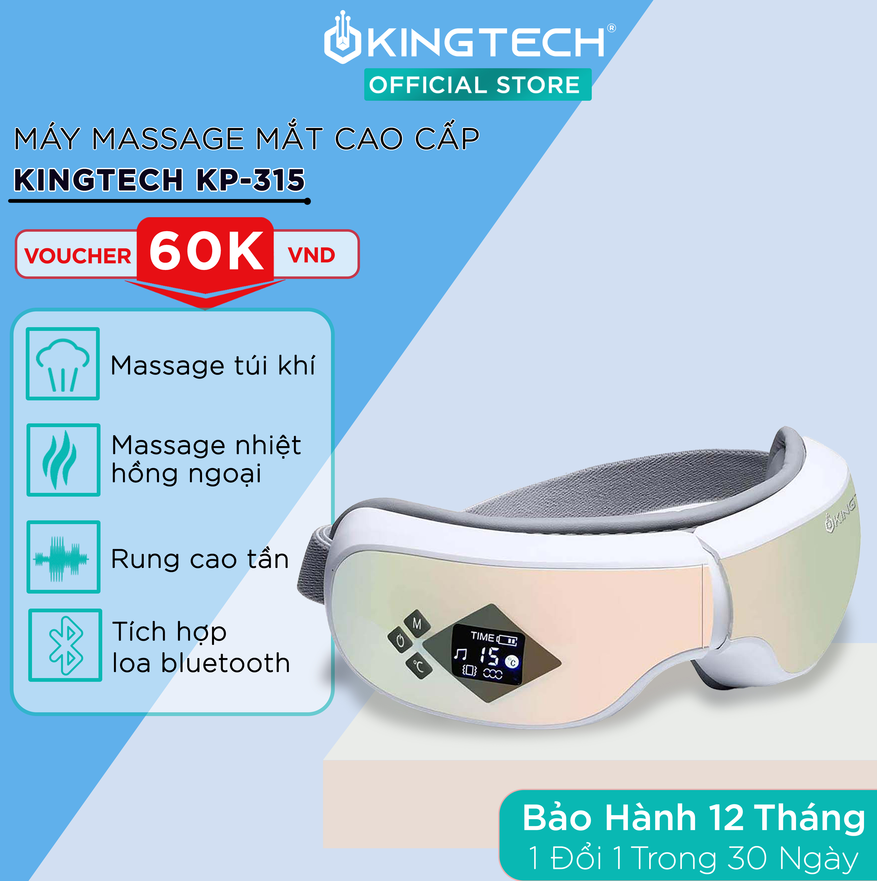 Máy Massage Mắt Cao Cấp KINGTECH KY-925 - Mát xa Áp Suất Túi Khí Kèm Nhiệt - Tích Hợp Nghe Nhạc Bluetooth -  Giảm Mỏi, Khô Mắt, Quầng Thâm - Cải Thiện Giấc Ngủ - Hàng Chính Hãng