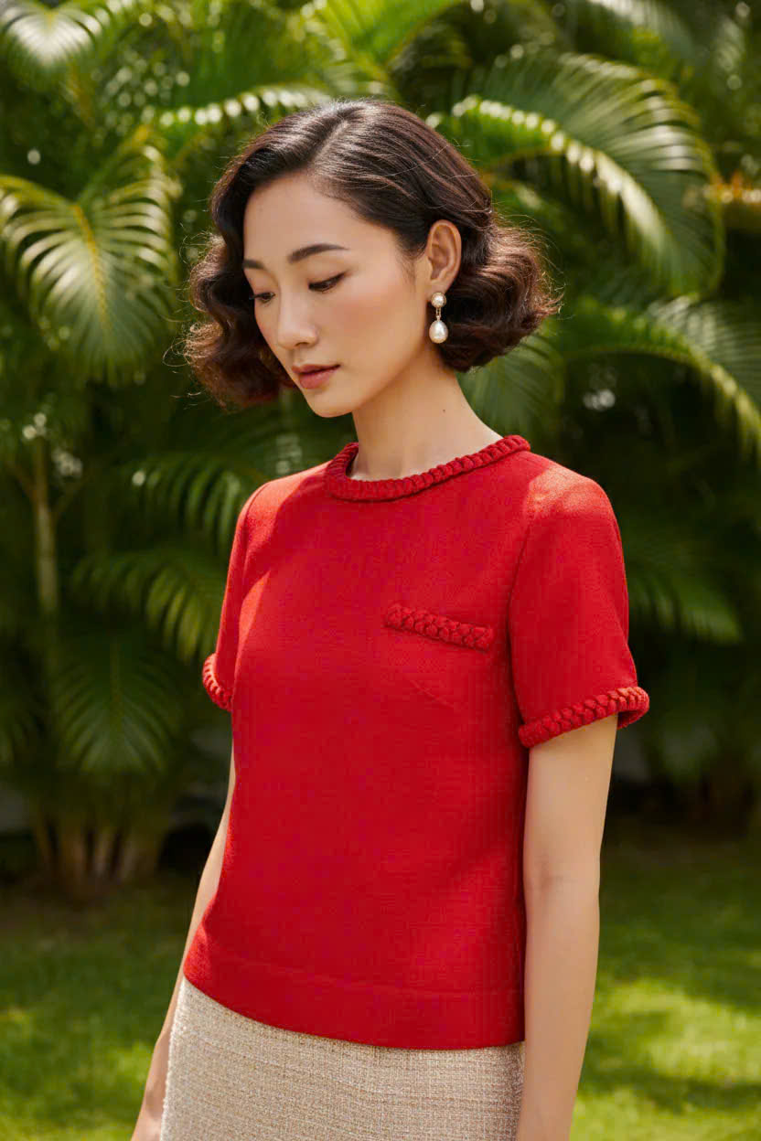 Áo Croptop Cổ Tròn Tếch Sam Tweed Đỏ Top213 thời trang thiết kế Hity