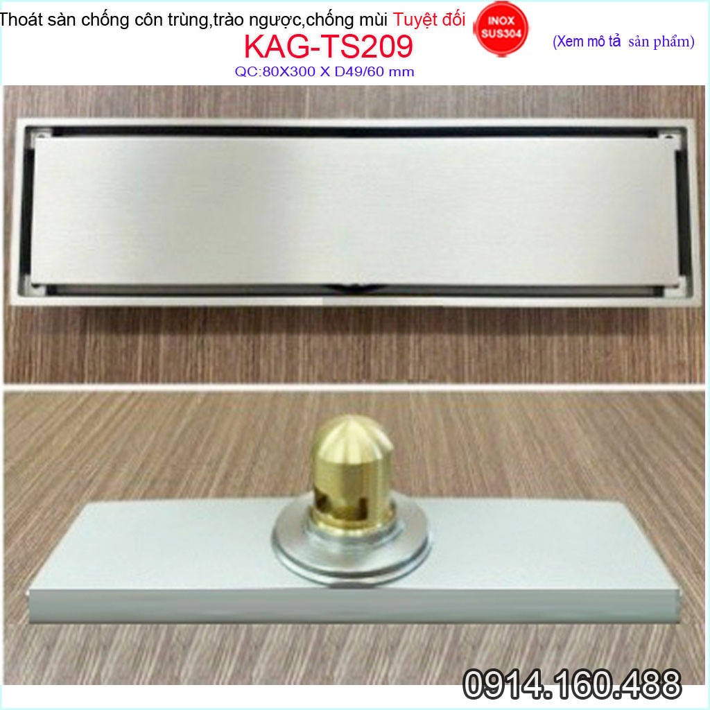 Thoát sàn chống hôi KAG-TS209 chữ nhật 8x30 mm ống D60-90, Phễu thu nước cắt gạch thoát nhanh thiết kế sang trọng sử dụng tốt